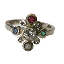 9ct white gold beaten finish ring with diamonds and gemstones 26657