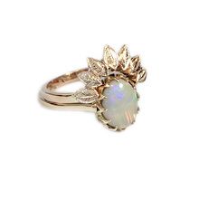 Vintage 9ct rose gold engagement ring  and wedding  band set with opal and diamonds