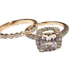 engagement ring and  wedding band in rose gold with morganite and diamonds