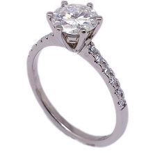Classic 9ct white gold engagement ring set with  forever one round Carles & Colvard moissanite and 12 small brilliant cut diamond