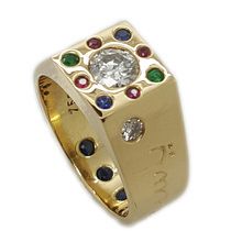 18ct yellow gold unique gents signet ring set with diamonds and precious gemstones