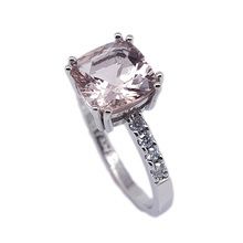 Pretty in Pink - Exquisite Platinum engagement ring set with centre cushion cut Morganite, and accentuating diamonds in the band that say 'forever'